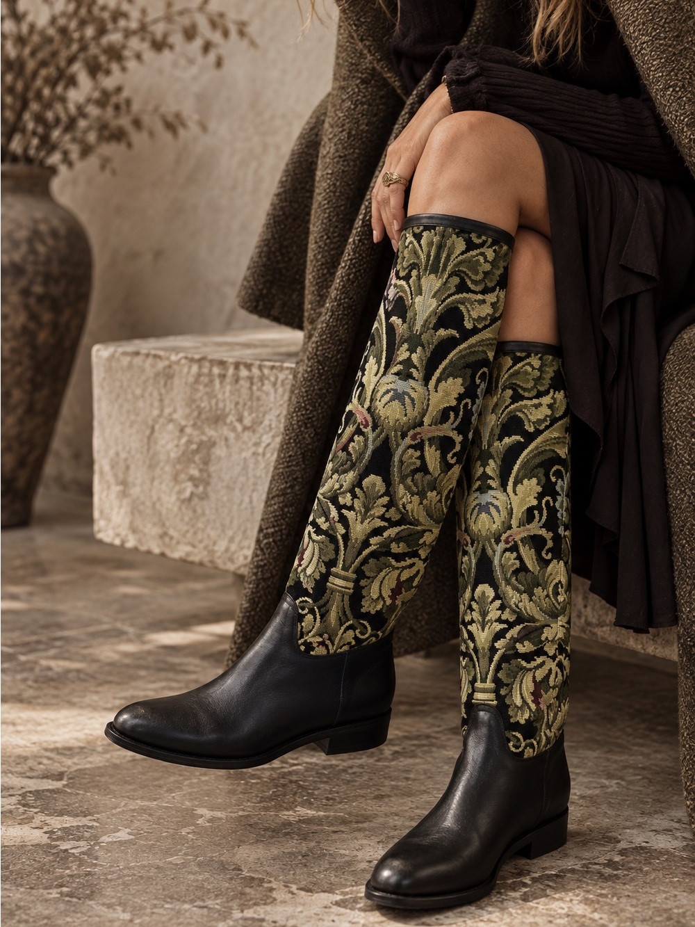 Knee-High Tapestry Pattern Riding Boots - Olive Black